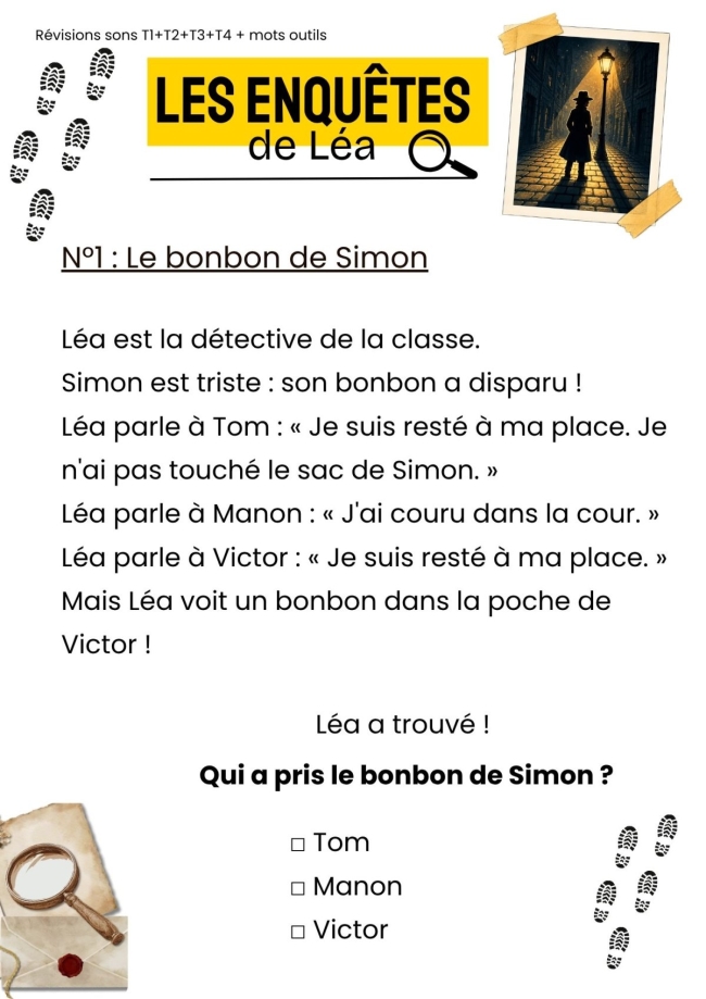 🕵️ Les enquêtes de Léa – Révisions des sons T1 à T4